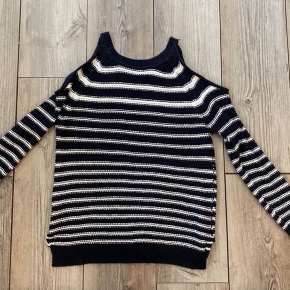 Quinn Medium Knitted Sweater with Peek a Boo Shoulders Navy and White - Picture 7 of 7